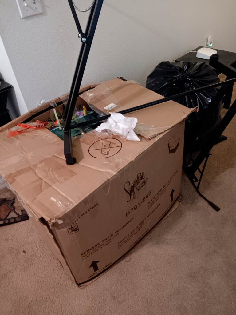 House Cleanout in Riverview 7 A large, damaged cardboard box labeled "Signature" sits on the floor, along with chair parts and a black trash bag in the background.