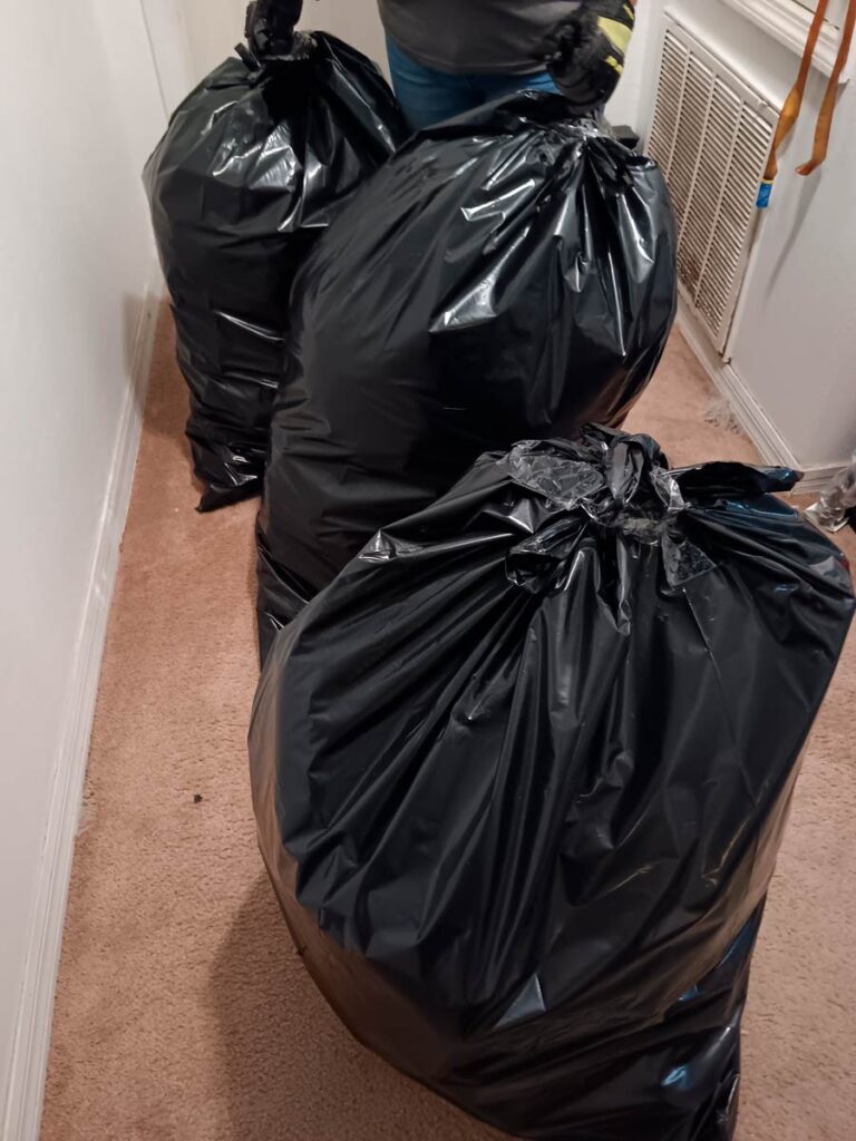 House Cleanout in Riverview 5 Three large black garbage bags are stacked in a hallway, with a person partially visible holding the top bag. The floor is carpeted.