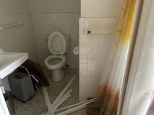 Bathroom with debris and toilet during junk removal process