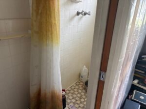 Small bathroom shower with curtain during house cleanout