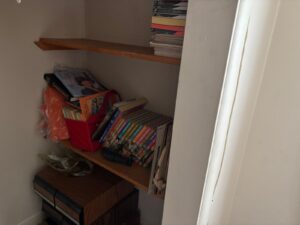 Closet shelves with books and boxes ready for junk removal