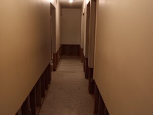 Long hallway with drywall removed during Brandon house cleanout