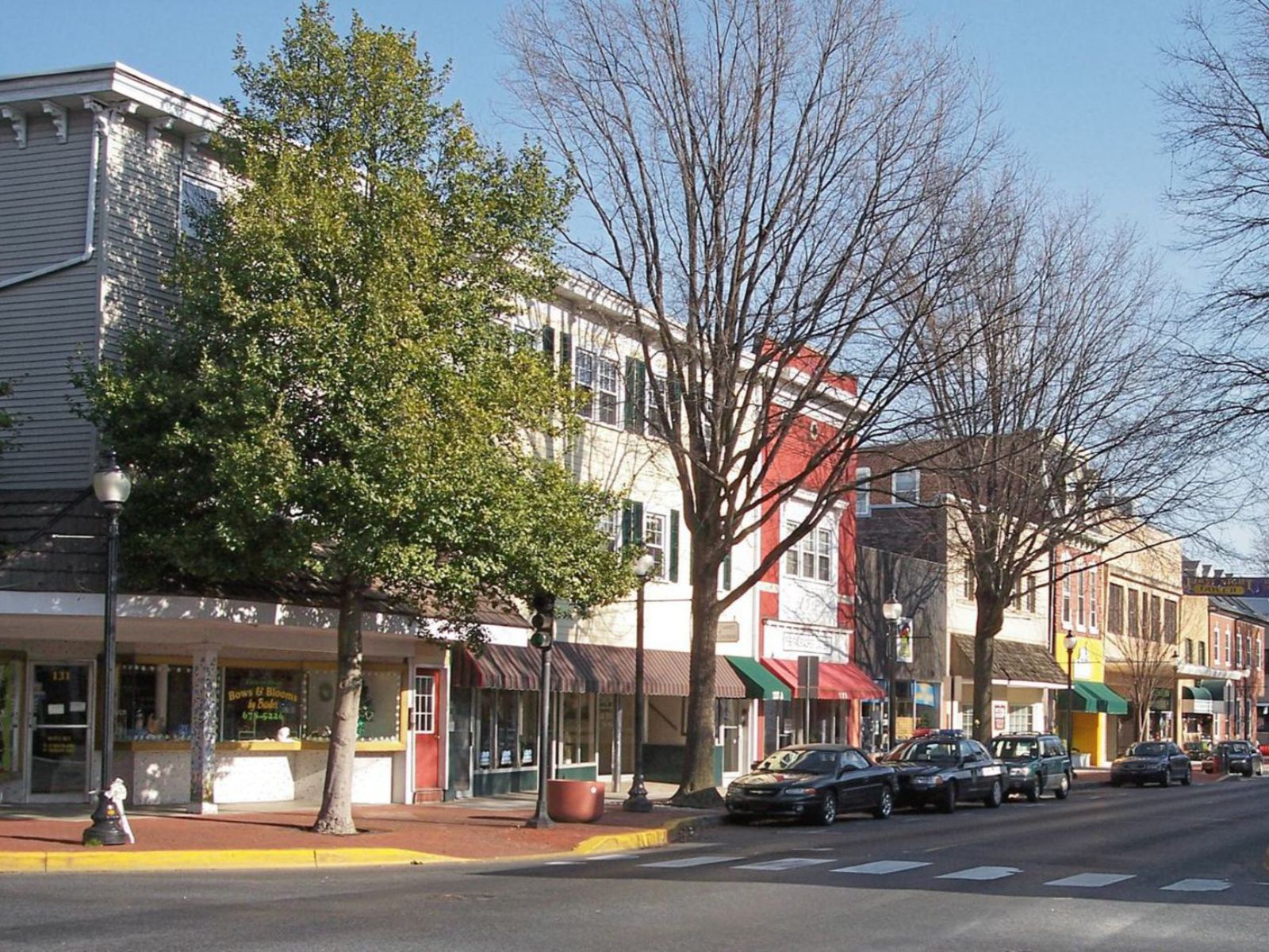 Charming downtown street with shops and trees, showcasing vibrant storefronts under a clear blue sky. Traffic moves along peacefully.